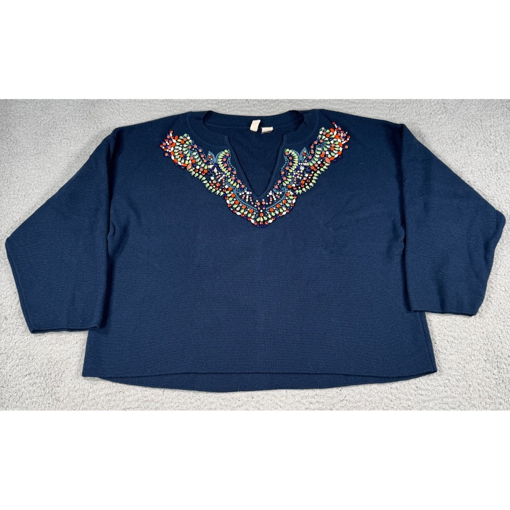 Anthropologie Moth Sweater Women's Medium Blue Knitted Top Embellished Bohemian